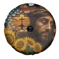 Christian American Cross Jesus Crown of Thorns Spare Tire Cover Patriotic Sunset with Sunflowers