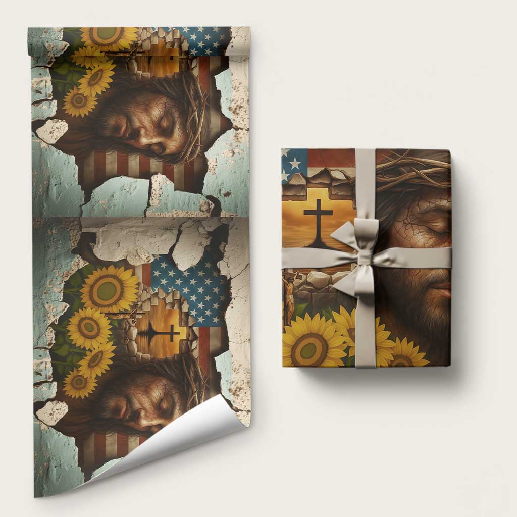 Christian American Cross Jesus Crown of Thorns Wrapping Paper Roll Patriotic Sunset with Sunflowers