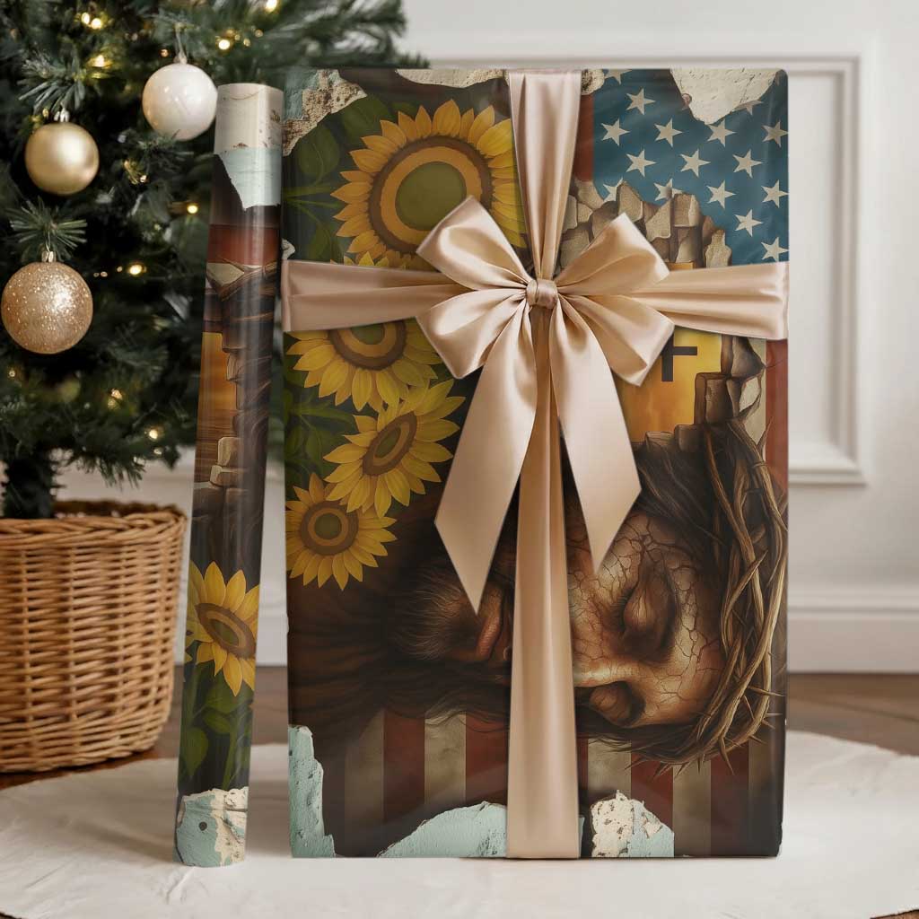 Christian American Cross Jesus Crown of Thorns Wrapping Paper Roll Patriotic Sunset with Sunflowers