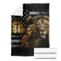 Lion of Judah Faith Patriotic Christian Throw Blanket Jesus Praying with Cross American Flag