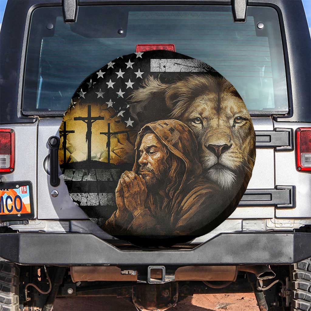 Lion of Judah Faith Patriotic Christian Spare Tire Cover Jesus Praying with Cross American Flag