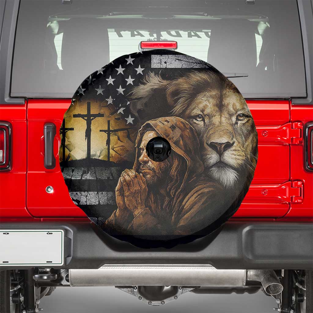 Lion of Judah Faith Patriotic Christian Spare Tire Cover Jesus Praying with Cross American Flag