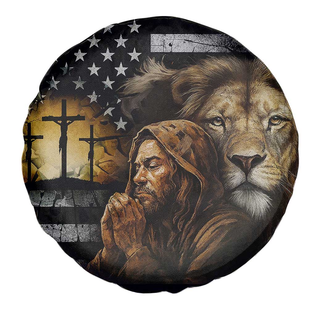 Lion of Judah Faith Patriotic Christian Spare Tire Cover Jesus Praying with Cross American Flag