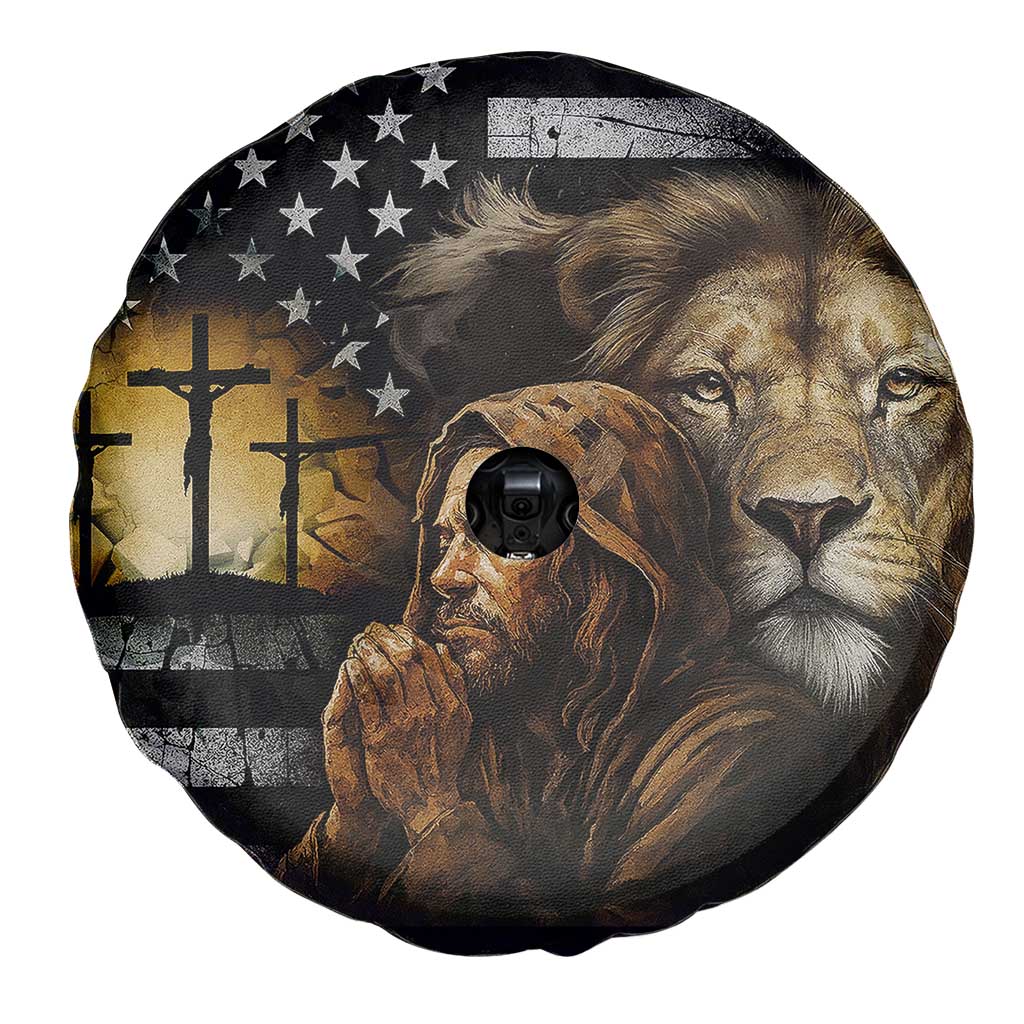 Lion of Judah Faith Patriotic Christian Spare Tire Cover Jesus Praying with Cross American Flag