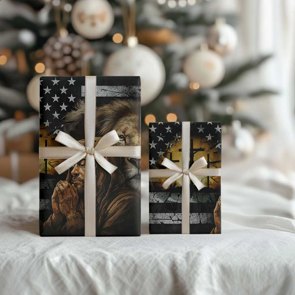 Lion of Judah Faith Patriotic Christian Wrapping Paper Roll Jesus Praying with Cross American Flag