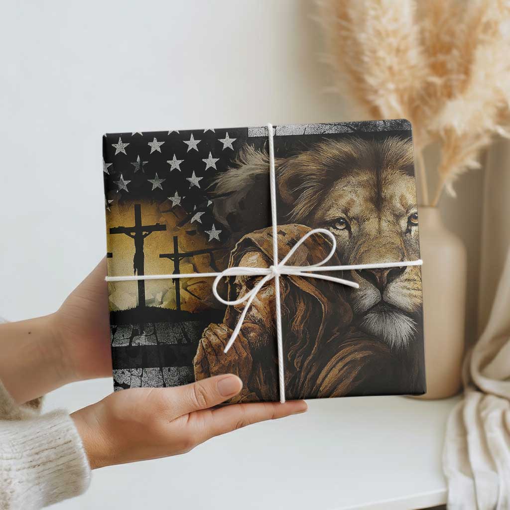 Lion of Judah Faith Patriotic Christian Wrapping Paper Roll Jesus Praying with Cross American Flag