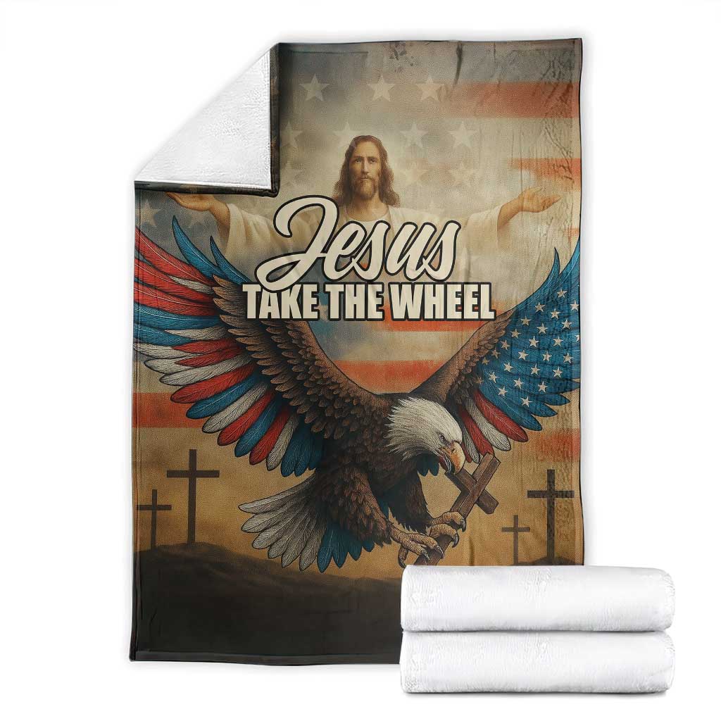 Jesus Take the Wheel Patriotic Eagle Throw Blanket Christian American Flag Faith