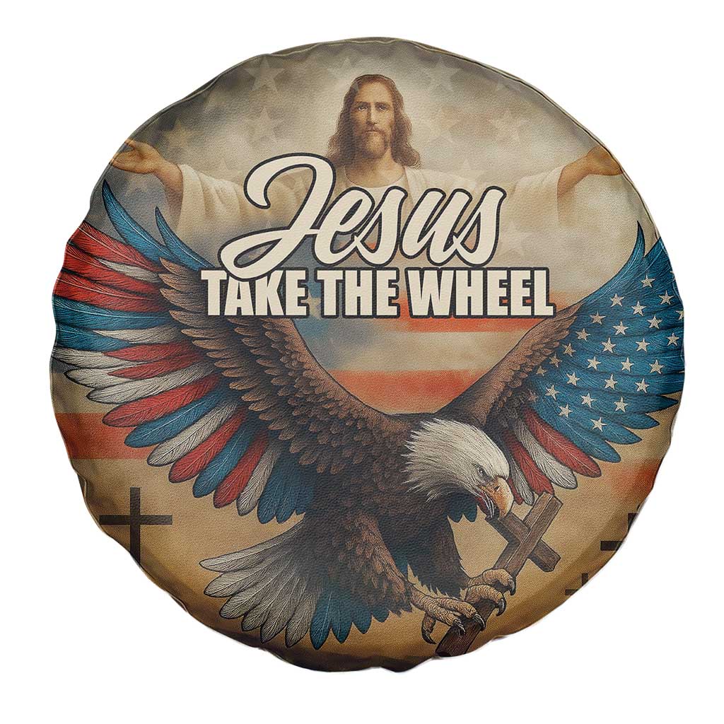 Jesus Take the Wheel Patriotic Eagle Spare Tire Cover Christian American Flag Faith