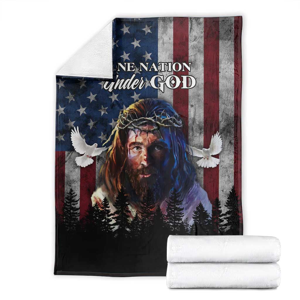 One Nation Under God Christian Throw Blanket Jesus Portrait with American Flag Doves Patriotic