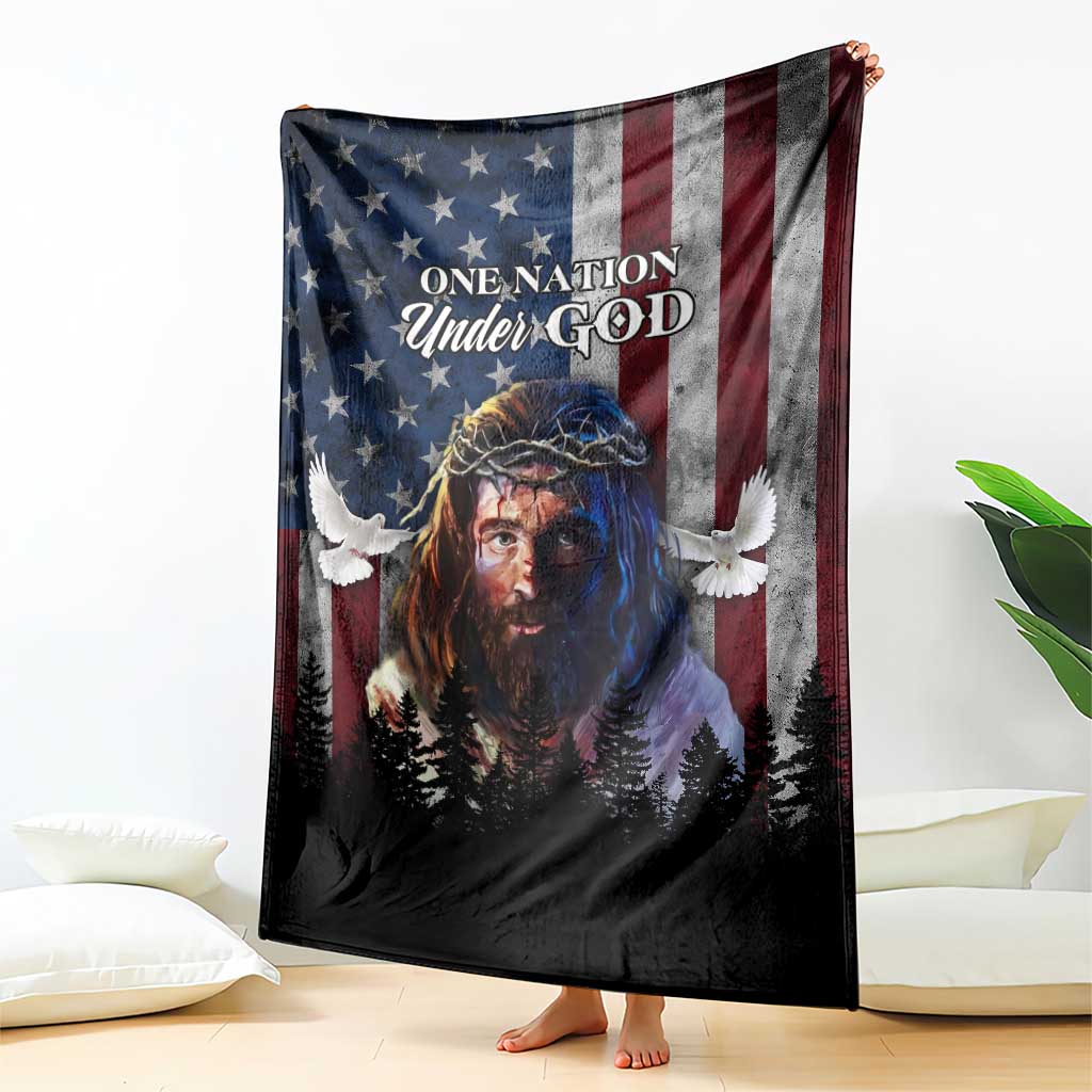 One Nation Under God Christian Throw Blanket Jesus Portrait with American Flag Doves Patriotic