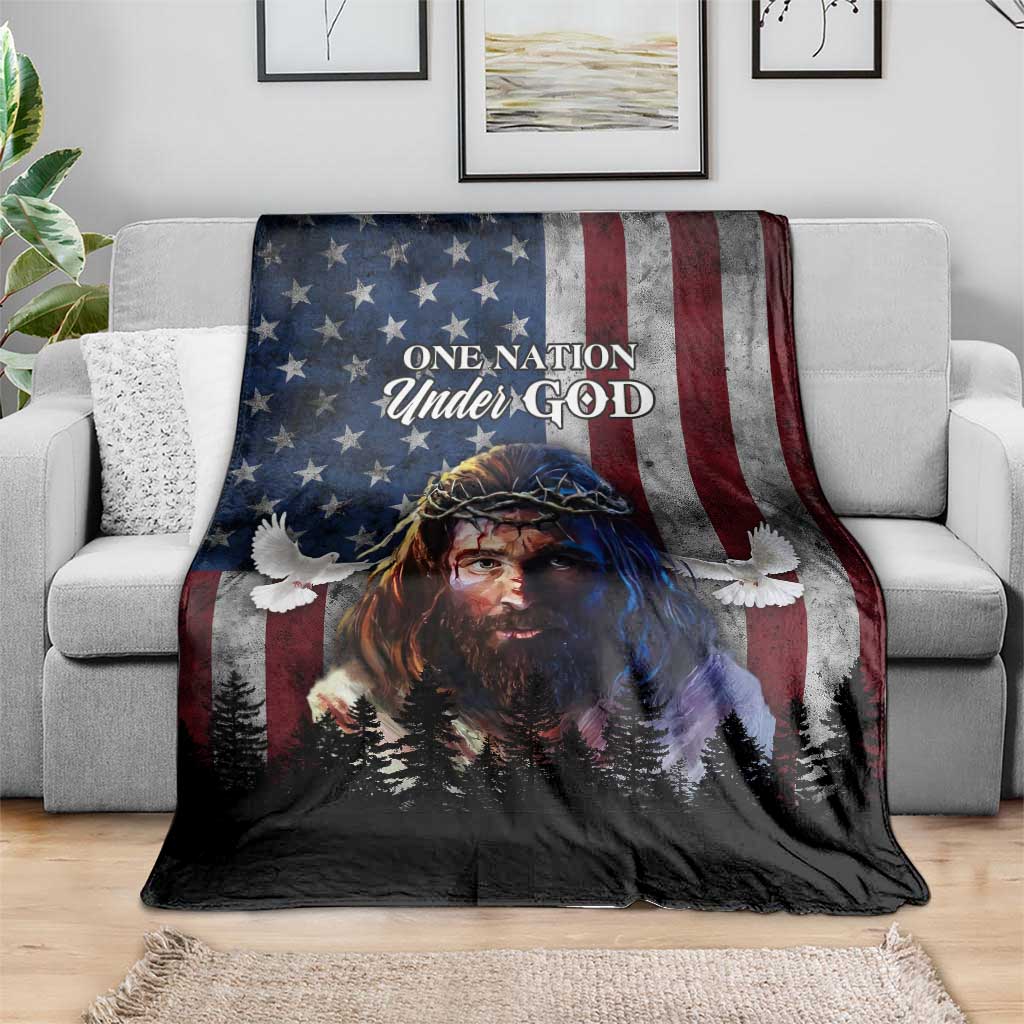 One Nation Under God Christian Throw Blanket Jesus Portrait with American Flag Doves Patriotic