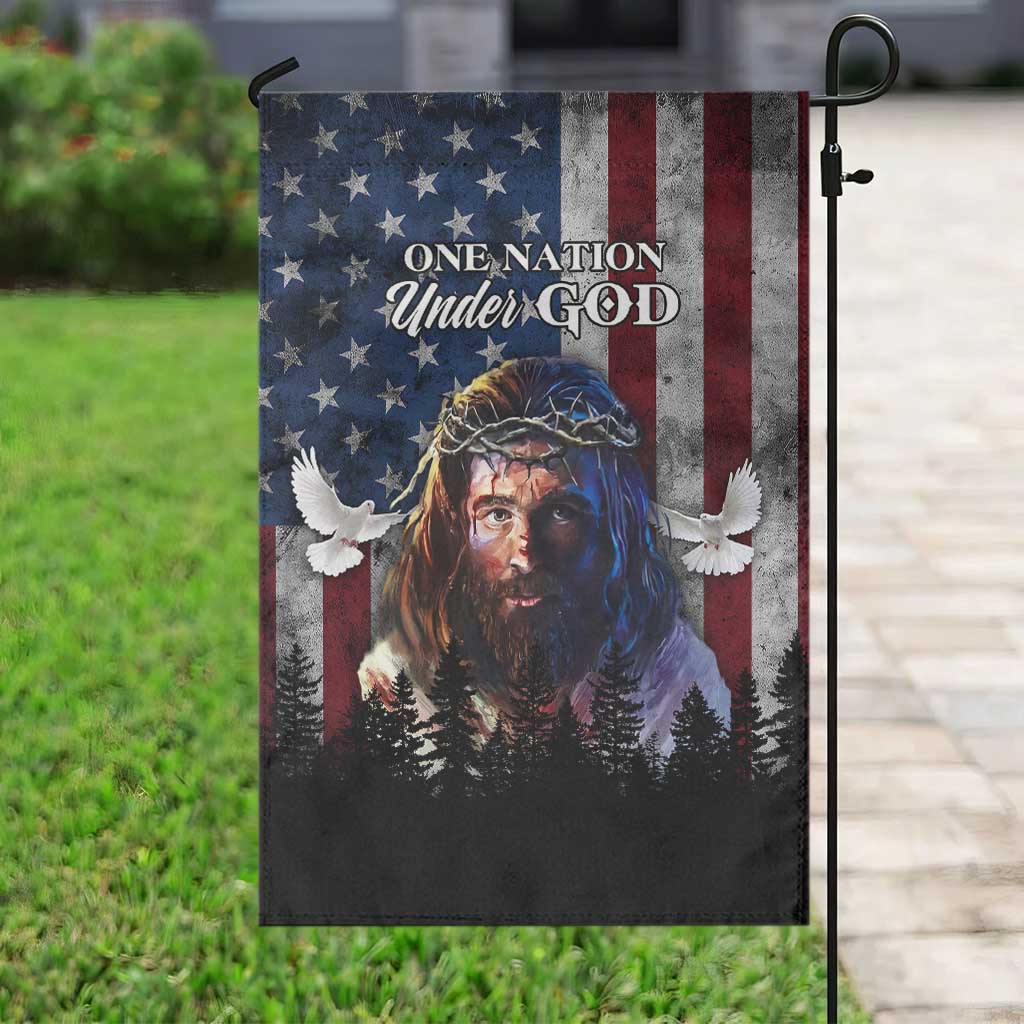 One Nation Under God Christian Garden Flag Jesus Portrait with American Flag Doves Patriotic