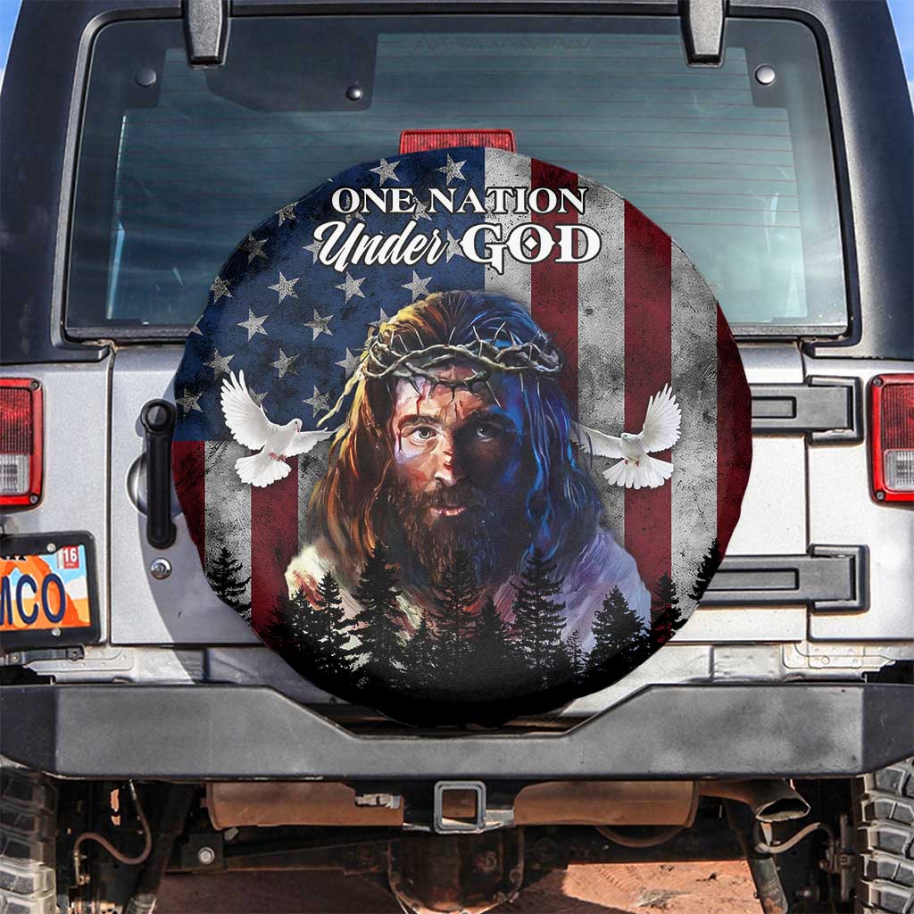 One Nation Under God Christian Spare Tire Cover Jesus Portrait with American Flag Doves Patriotic