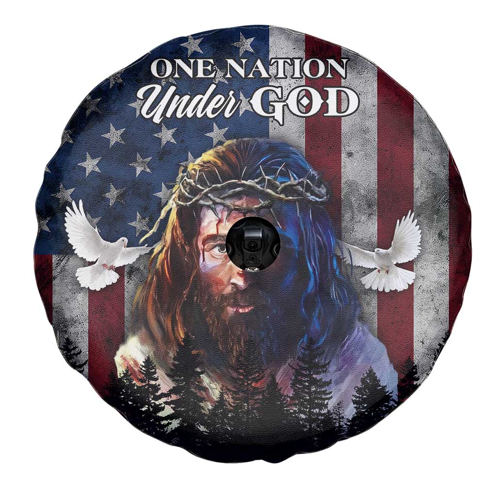 One Nation Under God Christian Spare Tire Cover Jesus Portrait with American Flag Doves Patriotic