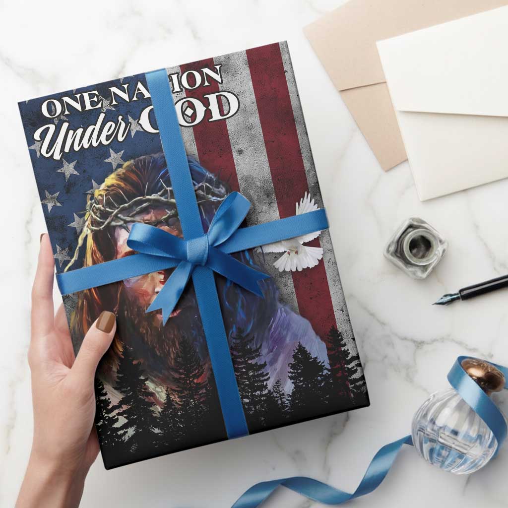 One Nation Under God Christian Wrapping Paper Roll Jesus Portrait with American Flag Doves Patriotic