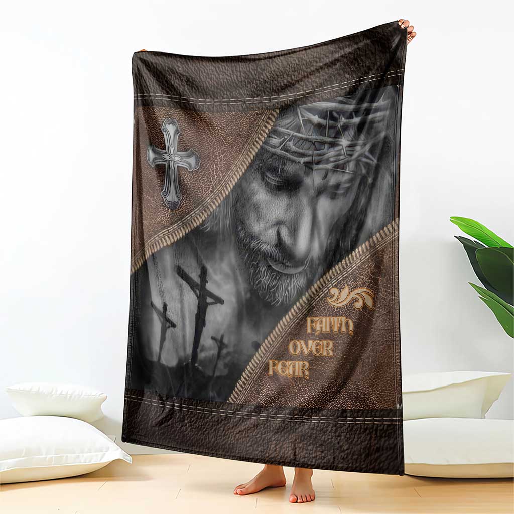 Faith Over Fear Rustic Christian Throw Blanket Jesus Cross Black and Brown Leather Style Effect