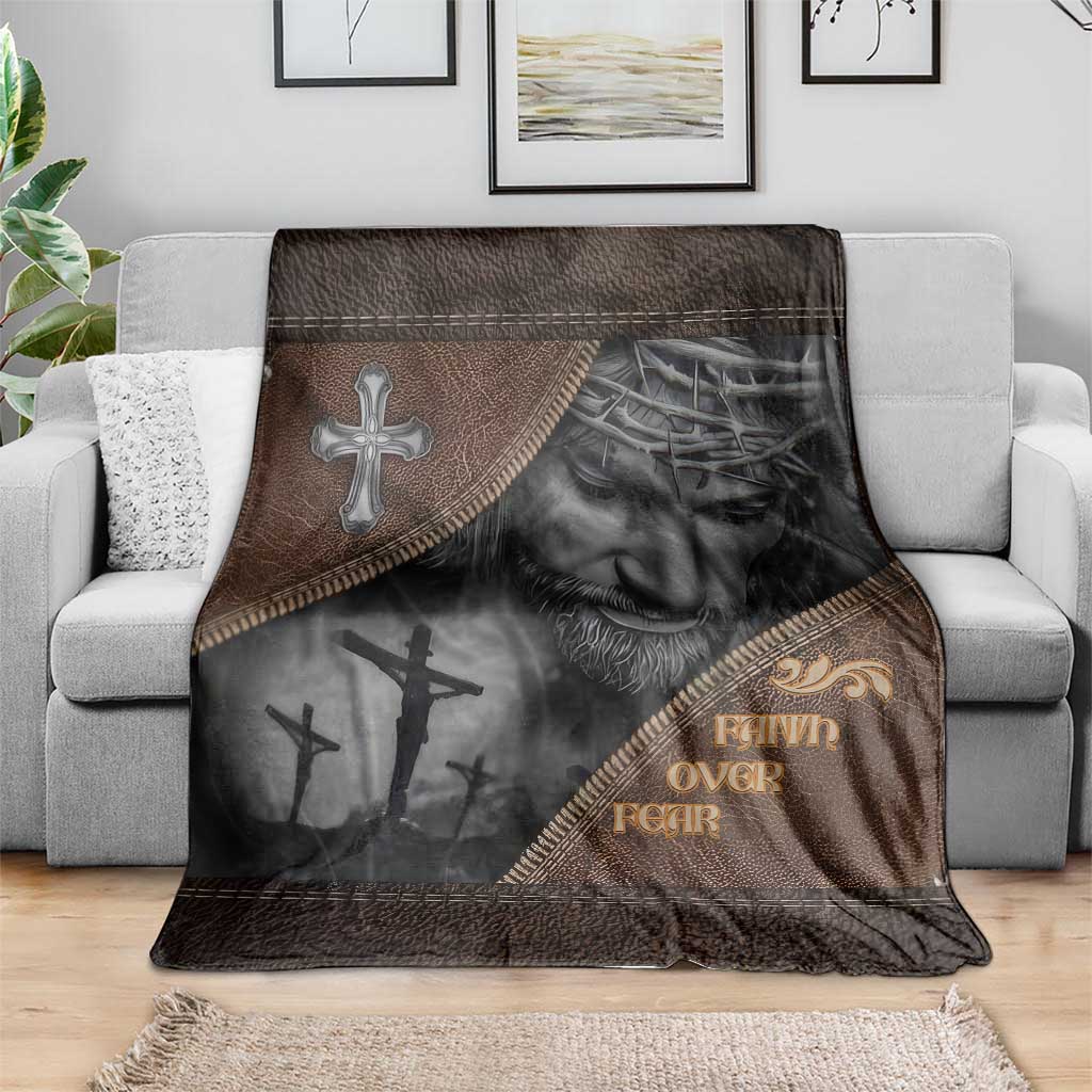 Faith Over Fear Rustic Christian Throw Blanket Jesus Cross Black and Brown Leather Style Effect