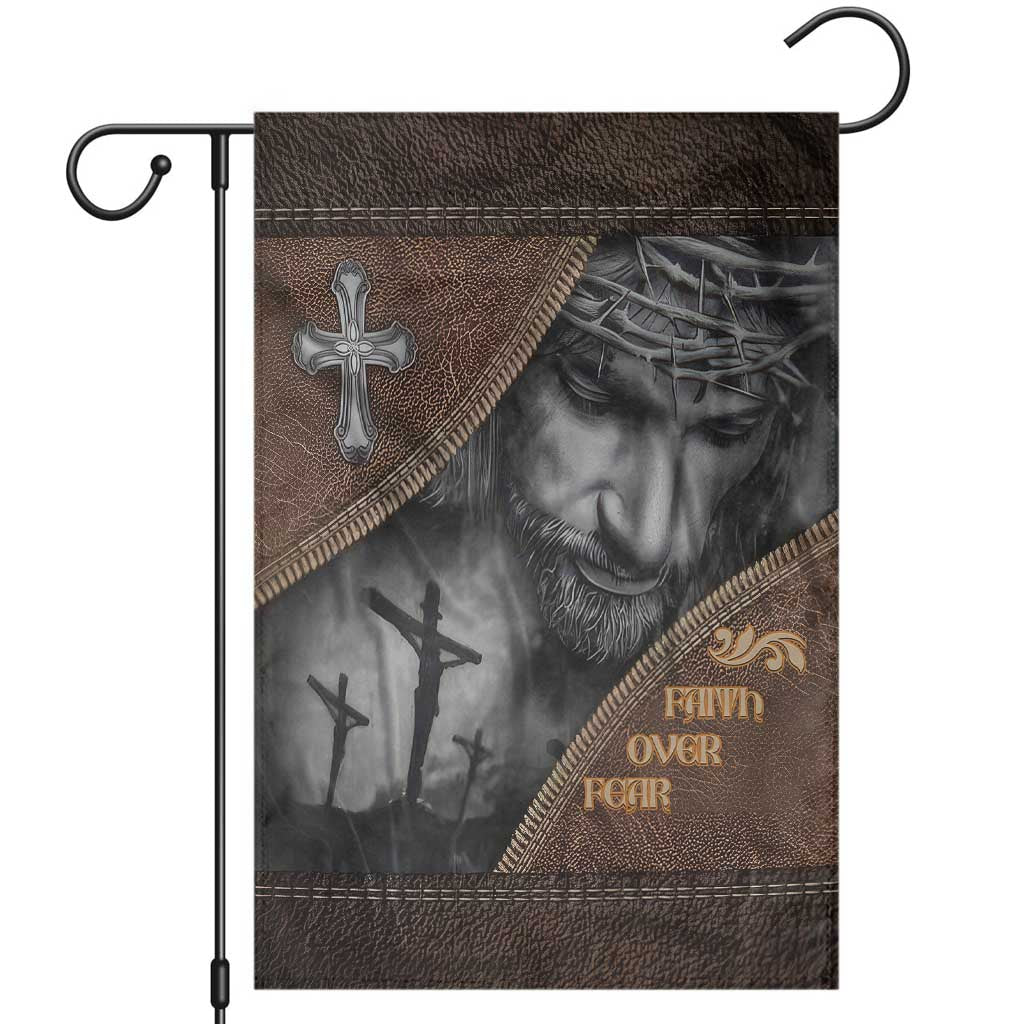 Faith Over Fear Rustic Christian Garden Flag Jesus Cross Black and Brown Leather Style Effect