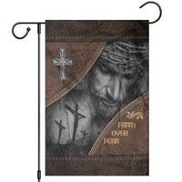 Faith Over Fear Rustic Christian Garden Flag Jesus Cross Black and Brown Leather Style Effect