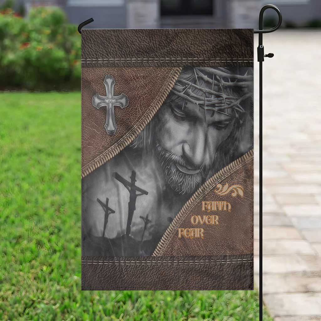 Faith Over Fear Rustic Christian Garden Flag Jesus Cross Black and Brown Leather Style Effect