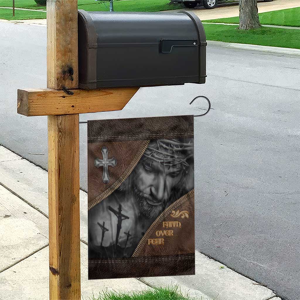 Faith Over Fear Rustic Christian Garden Flag Jesus Cross Black and Brown Leather Style Effect