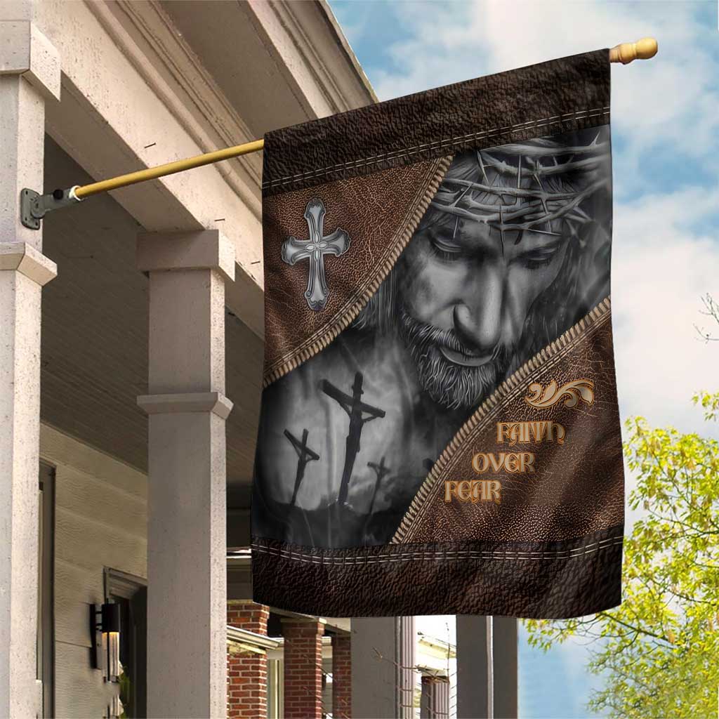 Faith Over Fear Rustic Christian Garden Flag Jesus Cross Black and Brown Leather Style Effect