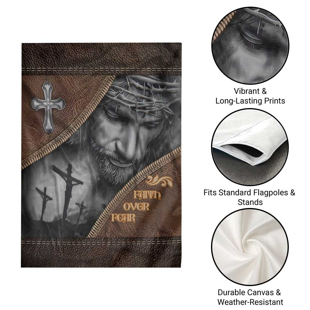 Faith Over Fear Rustic Christian Garden Flag Jesus Cross Black and Brown Leather Style Effect