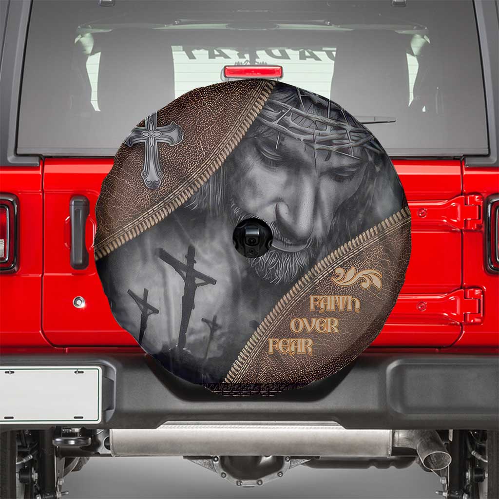 Faith Over Fear Rustic Christian Spare Tire Cover Jesus Cross Black and Brown Leather Style Effect