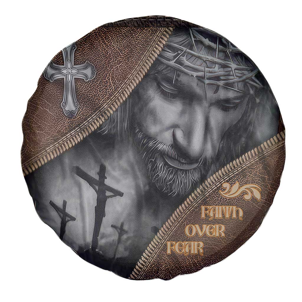 Faith Over Fear Rustic Christian Spare Tire Cover Jesus Cross Black and Brown Leather Style Effect