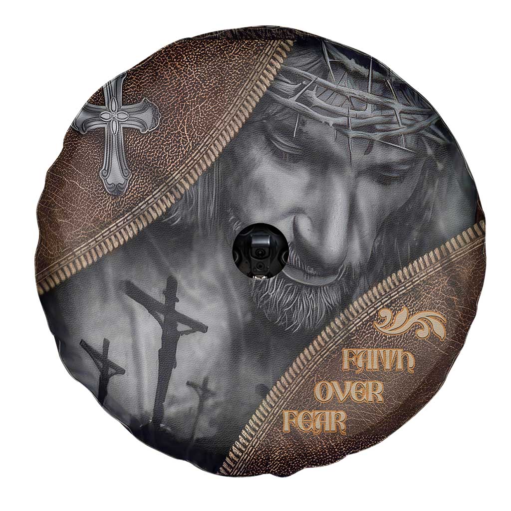 Faith Over Fear Rustic Christian Spare Tire Cover Jesus Cross Black and Brown Leather Style Effect