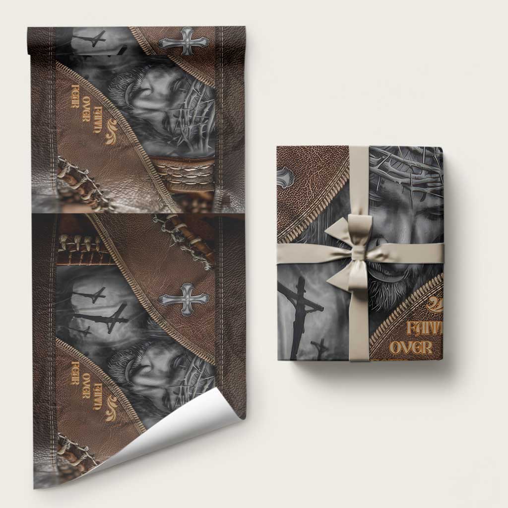 Faith Over Fear Rustic Christian Wrapping Paper Roll Jesus Cross Black and Brown Leather Style Effect