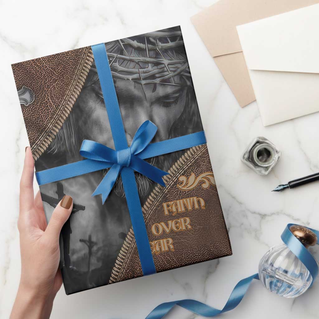 Faith Over Fear Rustic Christian Wrapping Paper Roll Jesus Cross Black and Brown Leather Style Effect