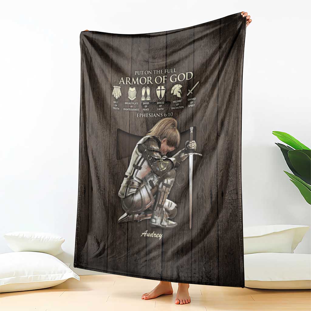 Personalized Armor of God Christian Wooden Style Throw Blanket Ephesians 6:10 Scripture Faith Gift for Women