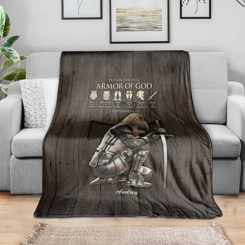 Personalized Armor of God Christian Wooden Style Throw Blanket Ephesians 6:10 Scripture Faith Gift for Women