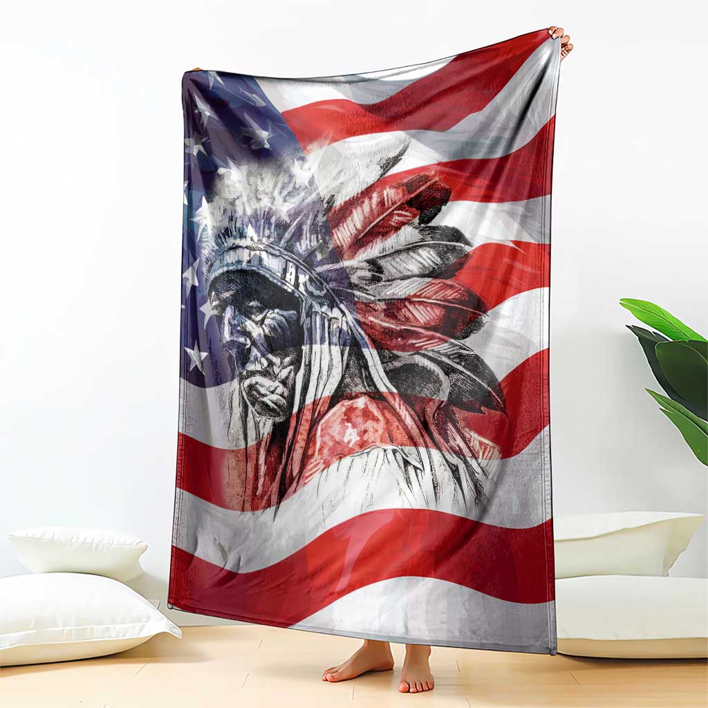 Patriotic Native American Chief Feather Headdress Throw Blanket Indigenous Pride USA Flag Heritage Gift