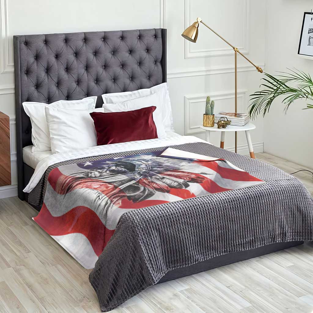 Patriotic Native American Chief Feather Headdress Throw Blanket Indigenous Pride USA Flag Heritage Gift