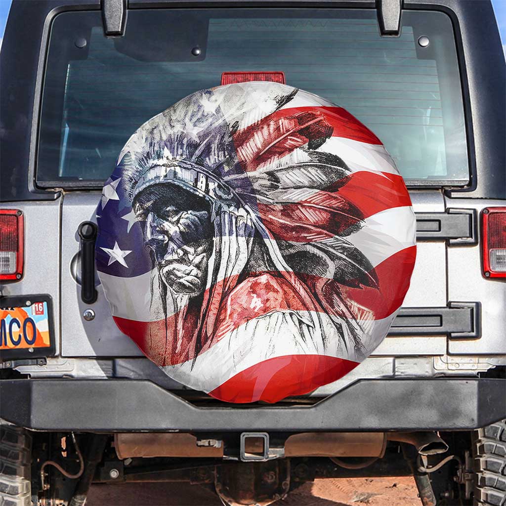 Patriotic Native American Chief Feather Headdress Spare Tire Cover Indigenous Pride USA Flag Heritage Gift