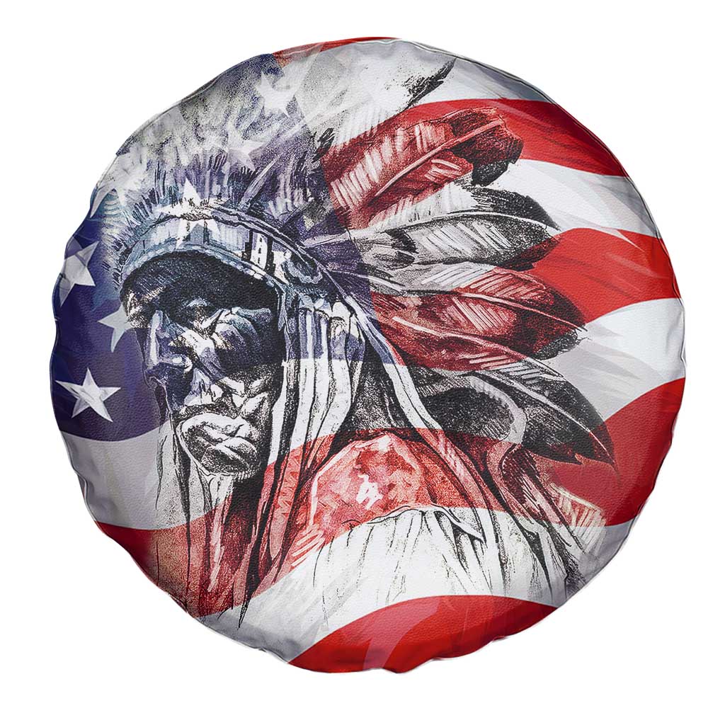 Patriotic Native American Chief Feather Headdress Spare Tire Cover Indigenous Pride USA Flag Heritage Gift
