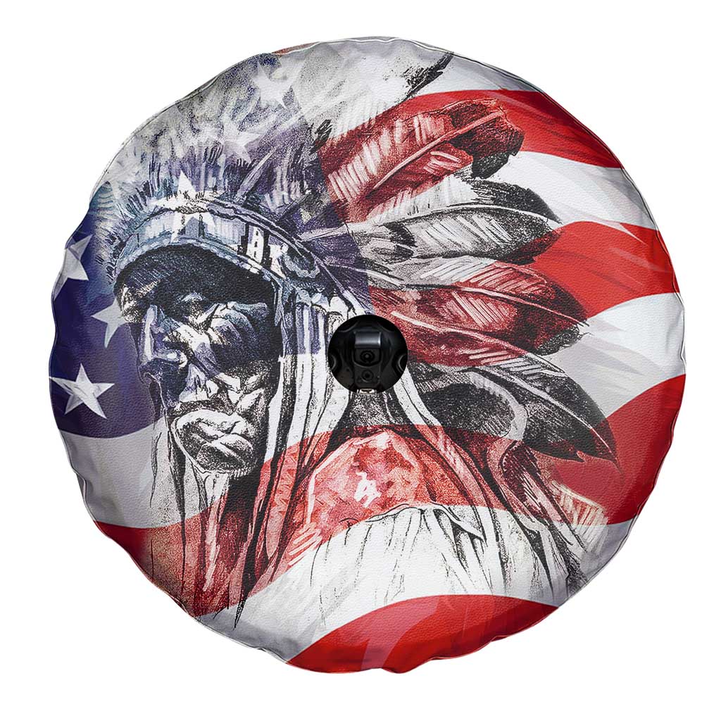 Patriotic Native American Chief Feather Headdress Spare Tire Cover Indigenous Pride USA Flag Heritage Gift