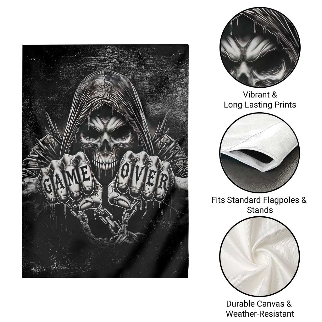 Grim Reaper Game Over Skeletal Fists Garden Flag Badass Gothic Biker Skull Dark Fantasy Offroad Decor