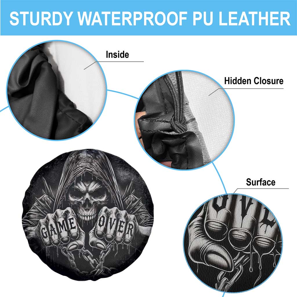 Grim Reaper Game Over Skeletal Fists Spare Tire Cover Badass Gothic Biker Skull Dark Fantasy Offroad Decor