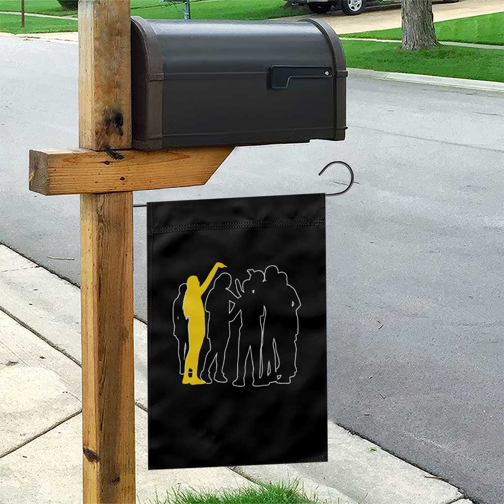 Viral Basketball Pointing Huddle Garden Flag Funny Women Sports Culture Meme Yellow Silhouette Graphic
