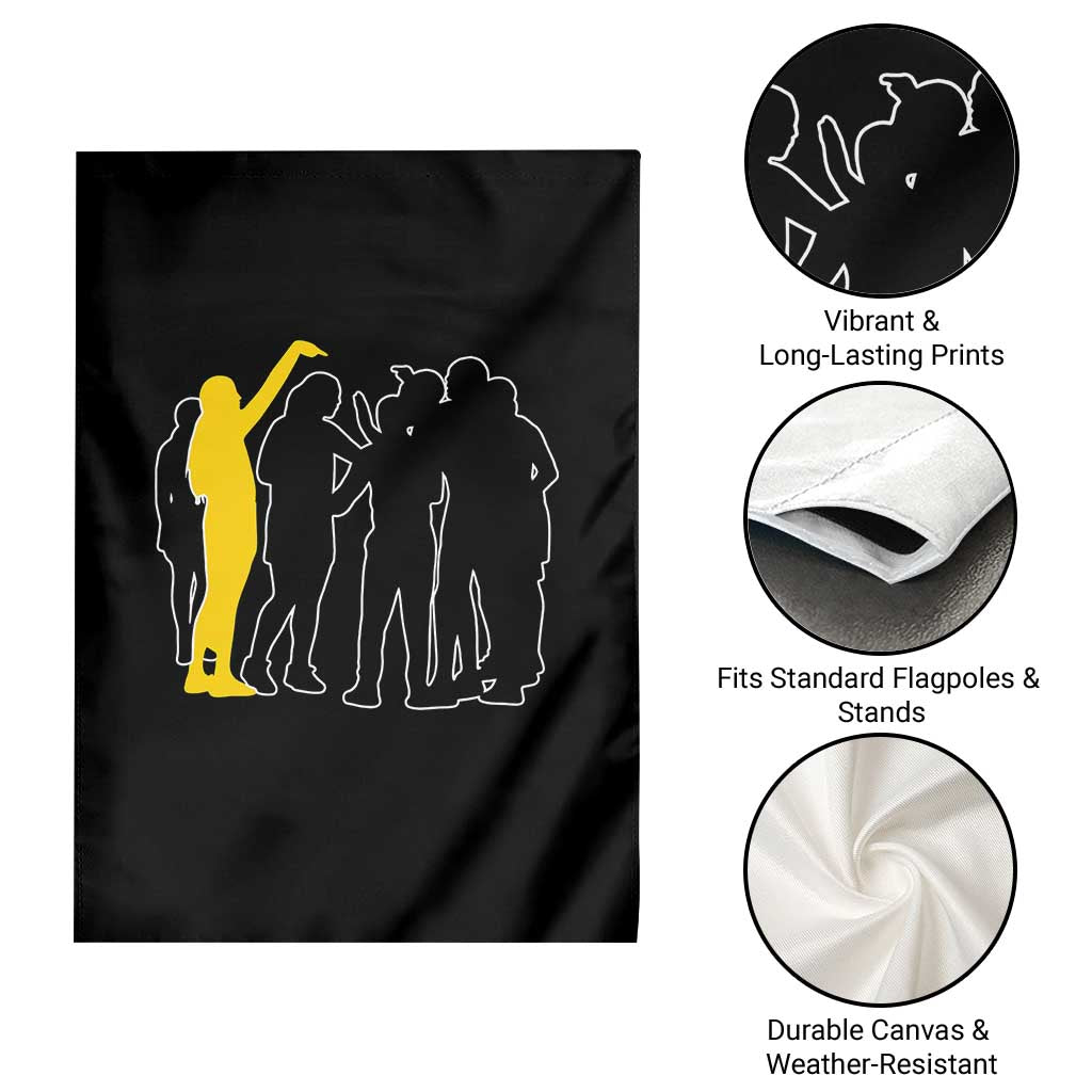 Viral Basketball Pointing Huddle Garden Flag Funny Women Sports Culture Meme Yellow Silhouette Graphic