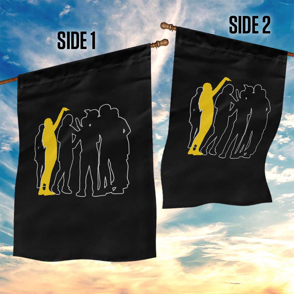 Viral Basketball Pointing Huddle Garden Flag Funny Women Sports Culture Meme Yellow Silhouette Graphic