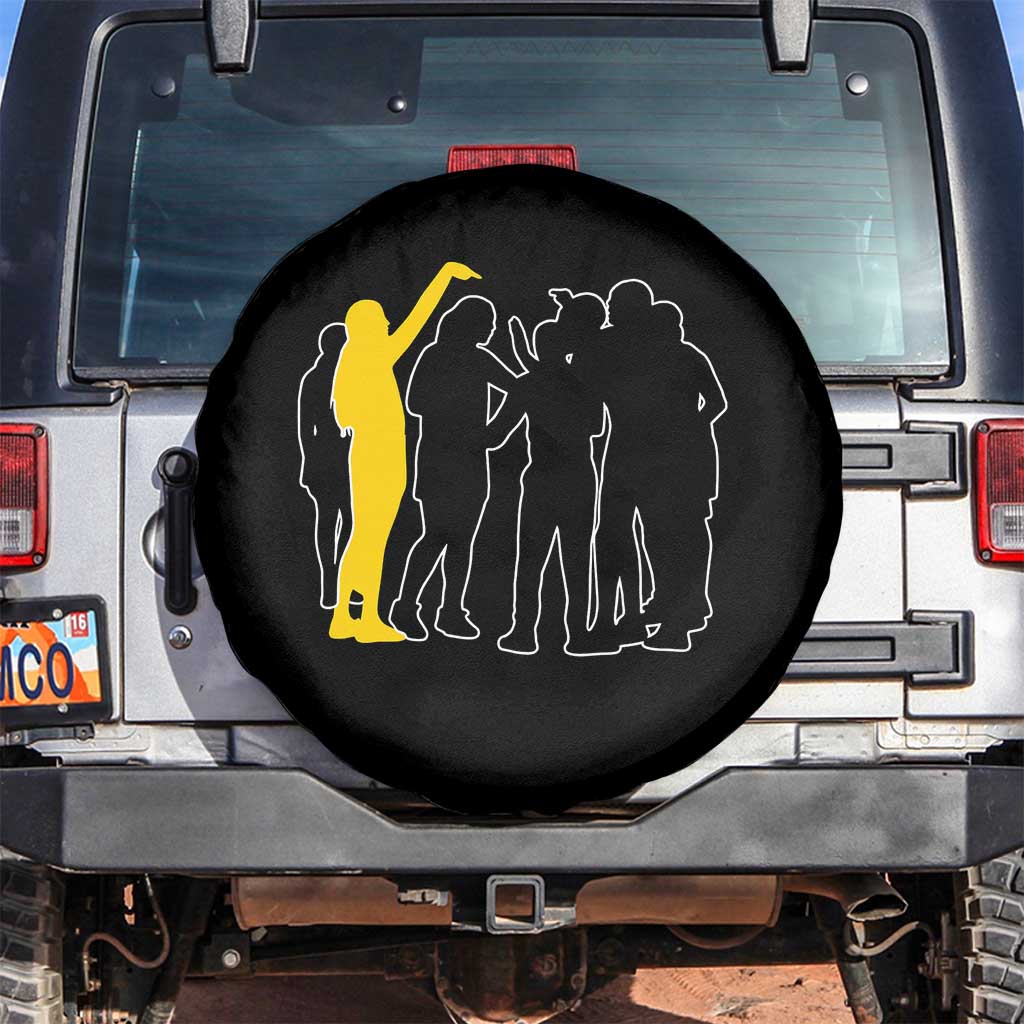 Viral Basketball Pointing Huddle Spare Tire Cover Funny Women Sports Culture Meme Yellow Silhouette Graphic