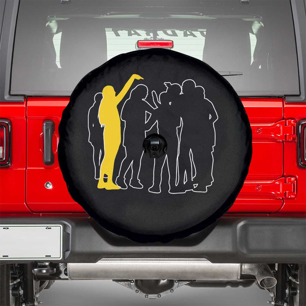 Viral Basketball Pointing Huddle Spare Tire Cover Funny Women Sports Culture Meme Yellow Silhouette Graphic