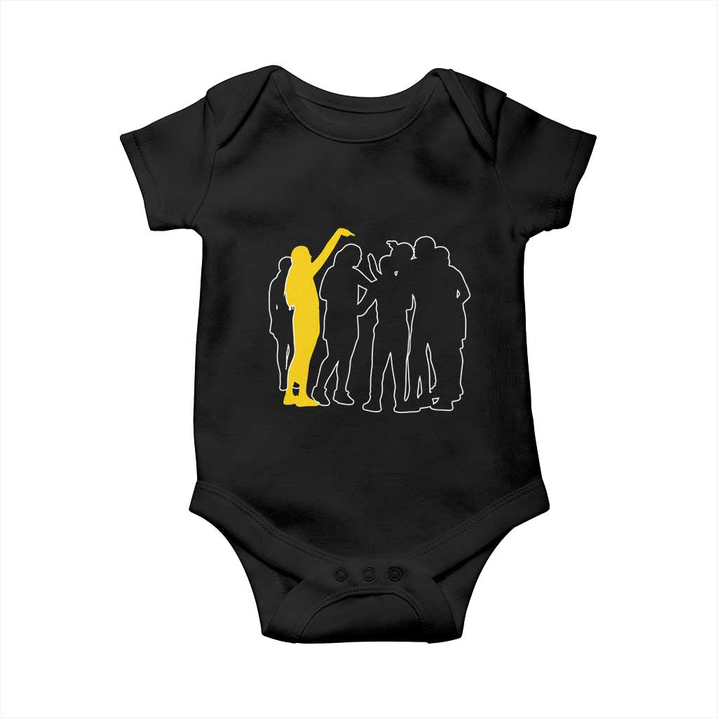 Viral Basketball Pointing Huddle Baby Onesie Funny Women Sports Culture Meme Yellow Silhouette Graphic