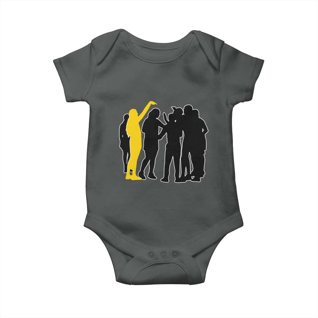 Viral Basketball Pointing Huddle Baby Onesie Funny Women Sports Culture Meme Yellow Silhouette Graphic