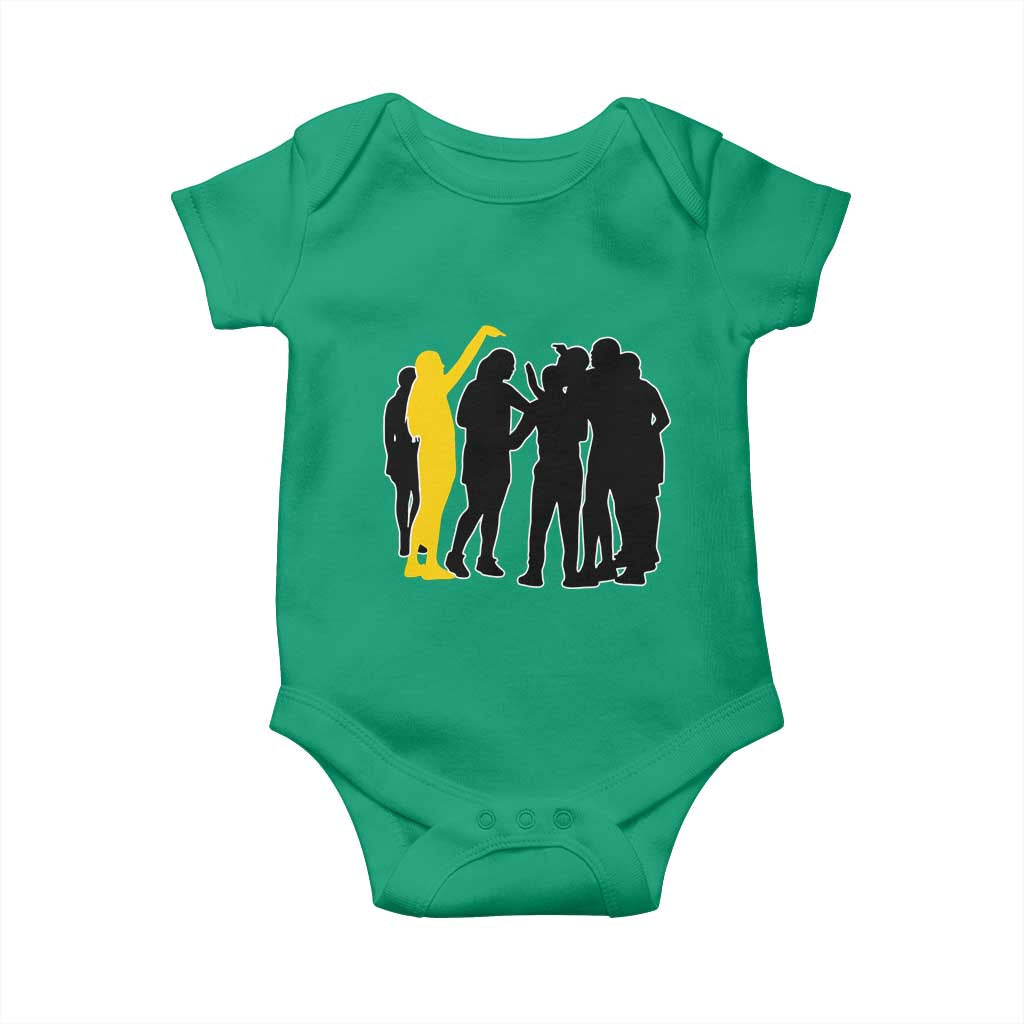 Viral Basketball Pointing Huddle Baby Onesie Funny Women Sports Culture Meme Yellow Silhouette Graphic