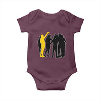 Viral Basketball Pointing Huddle Baby Onesie Funny Women Sports Culture Meme Yellow Silhouette Graphic